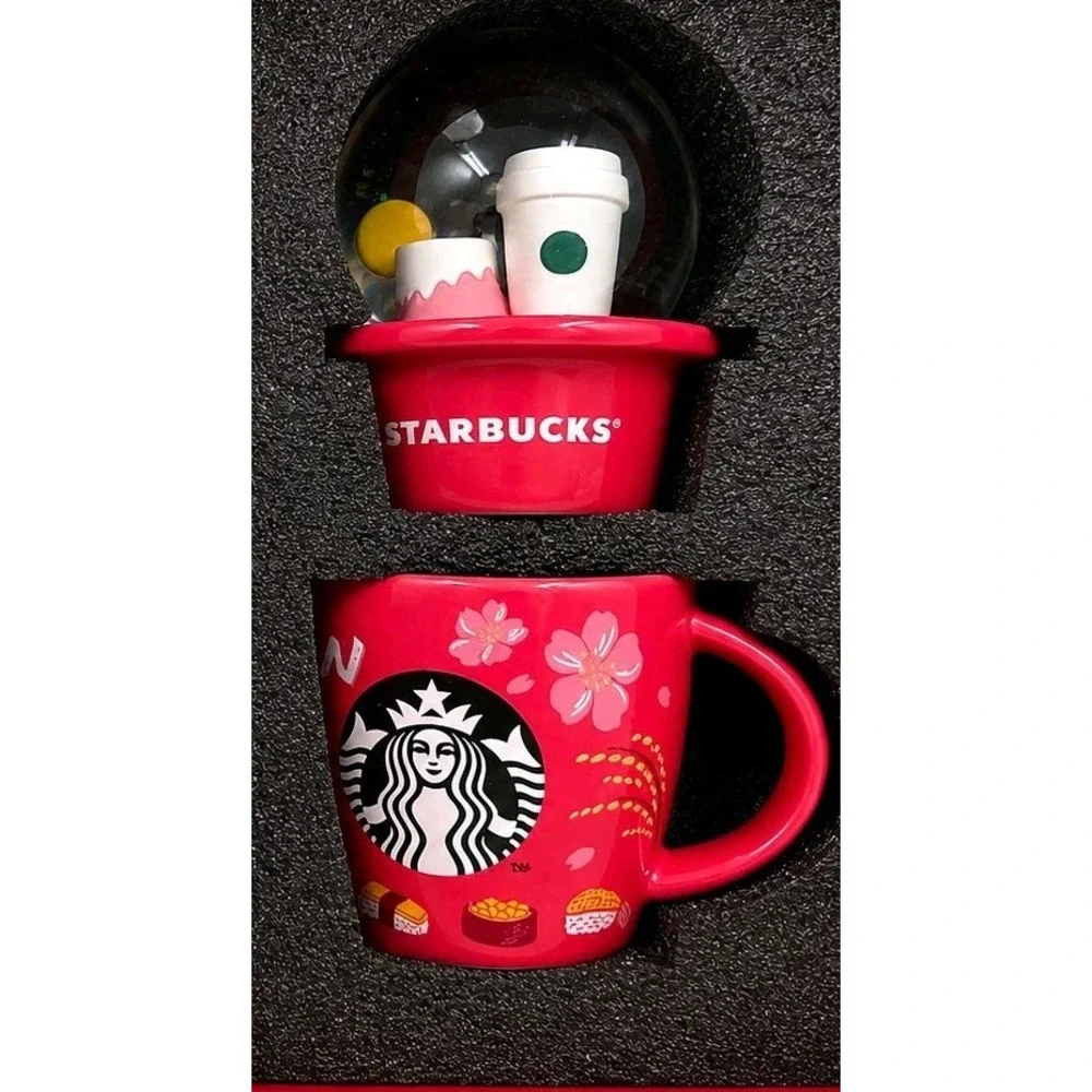 Starbucks Japan Snow Globe Mug Japan Sakura Cherry Blossom Red New in Box